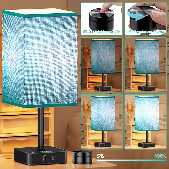 Nightstand Lamp & USB C+A Fast Charging Station: Modern Bedside Table Lamp with Remote & Touch Control, Warm Dimmable Light for Bedroom Nursery, Living Room End Tables, Home Office Desk | Green Shade