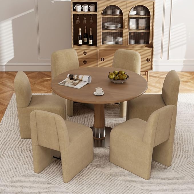 Khaki Upholstered Chenille Dining Chairs Set of 6, Mid Century Modern Dining Room Chairs with Deep Seat & Curved Back, Armless Side Chair Comfy Kitchen Chairs for Living Room/Kitchen