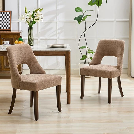 UVV Wooden Dining Chairs Set of 2, Mid Century Modern Upholstered Dining Room Chair Kitchen Chairs, Chenille Dinner Chair with Solid Wood Legs for Kitchen Dining Room, Khaki-Chenille