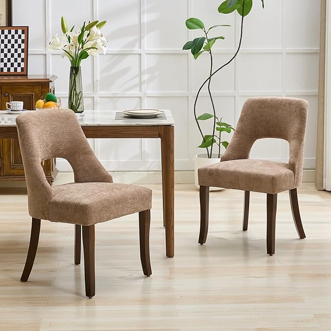 UVV Wooden Dining Chairs Set of 4, Mid Century Modern Upholstered Dining Room Chair Kitchen Chairs, Chenille Dinner Chair with Solid Wood Legs for Kitchen Dining Room, Khaki-Chenille