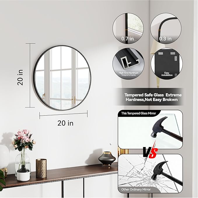 20" Round Mirror Circle Wall Mounted Hanging or Against Wall Metal Frame Dressing Make-up Mirrors for Entryway Bedroom Bathroom Living Room 20 inch Black