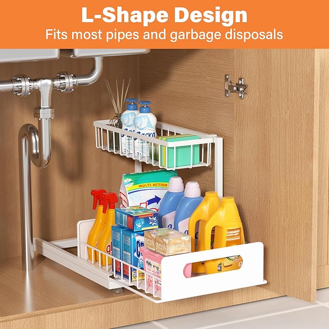 Under Sink Organizer, 2 Tier Pull Out Cabinet Organizer,Slide out Metal Cabinet Organizers Multi-Purpose Drawer Shelf for Kitchen Bathroom Pantry Cabinet Closet Organization Rack,White 1 Pack