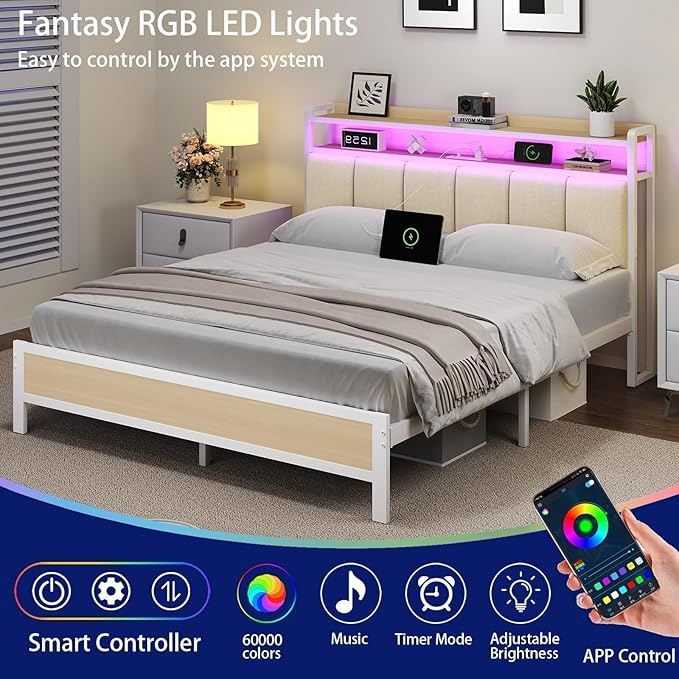 Full Size Bed Frame with Storage Headboard, Metal Platform Bed Frame Full with LED Lights and Charging Station, Heavy Duty Metal Slats, No Box Spring Needed, Easy Assembly, Beige