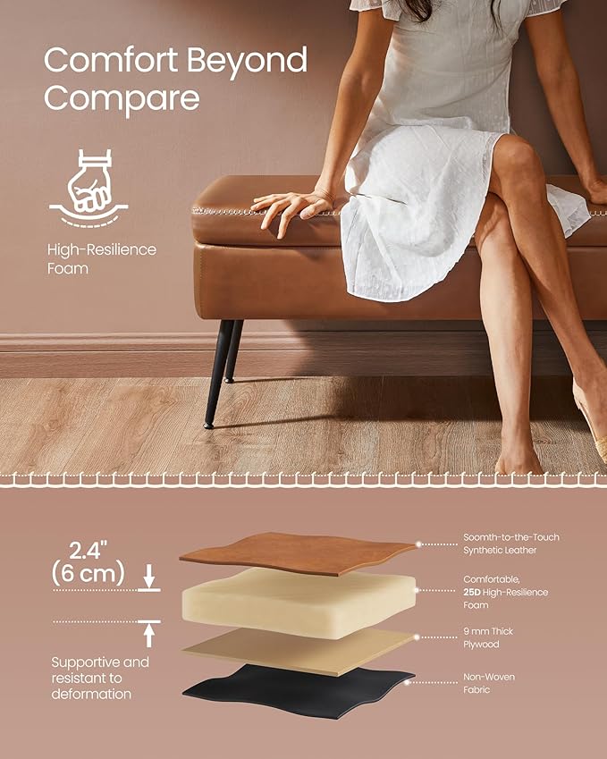 VASAGLE EKHO Collection - Storage Ottoman Bench, Entryway Bedroom Bench, 15 Gallons, Synthetic Leather with Stitching, Mid-Century Modern, Safety Hinges, Loads 660 lb, Caramel Brown ULOM074K01