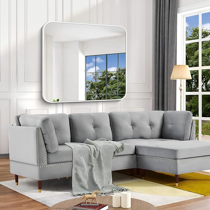 BONEWEI White Bathroom Mirror,36x40 inch Wall Mirror for Bathroom Wall Mounted,Rectangle Mirror for Bathroom Over Sink,Modern Frame Round Corner for Living Room,Bedroom Entryway,Horizontal/Vertical