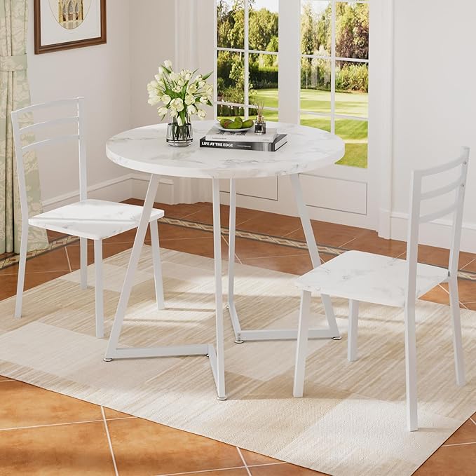 VECELO Small Round Dining Table Set for 2, Wood Tabletop with Strong Metal Frame, Modern Dinette with Chairs for Kitchen, Breakfast Nook Living Room, Faux Marbled & White