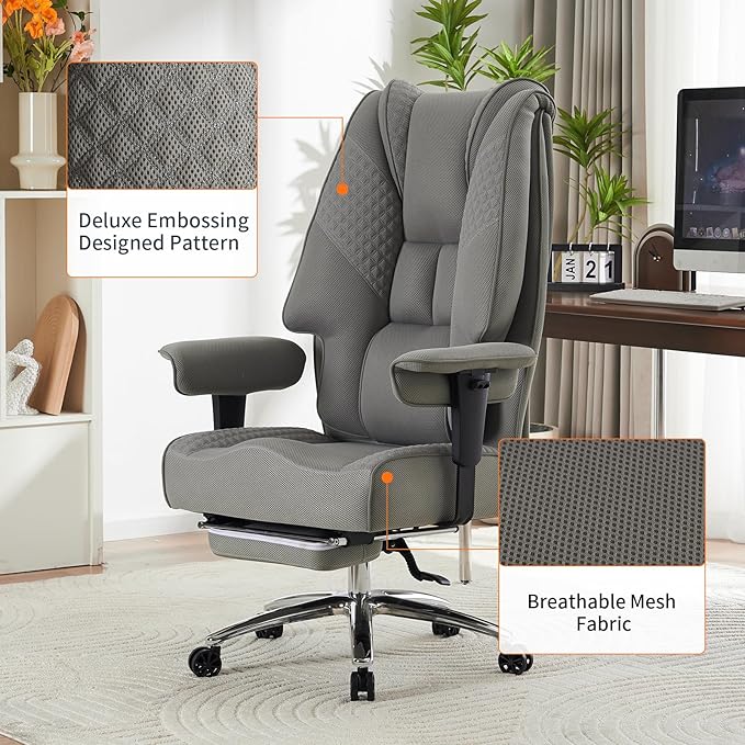 Big and Tall Office Chair with Footrest, PU Leather High Back Executive Office Chair 400lbs, Ergonomic Computer Chairs Lumbar Support for Heavy People (Mesh Grey)