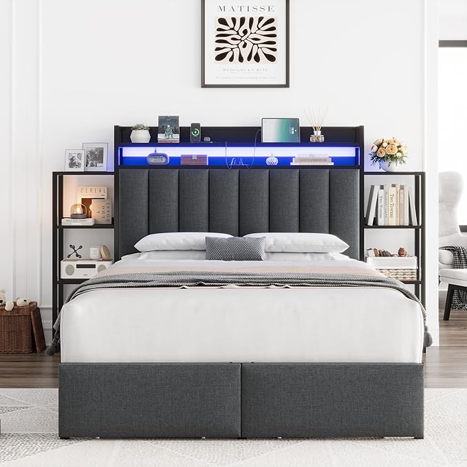 Keyluv Full LED Bed Frame with Storage Headboard & 2 Drawers, Upholstered Platform Bed with Charging Station & Bedside Storage Rack, Metal Slat Support, No Box Spring Needed, Linen Fabric, Black