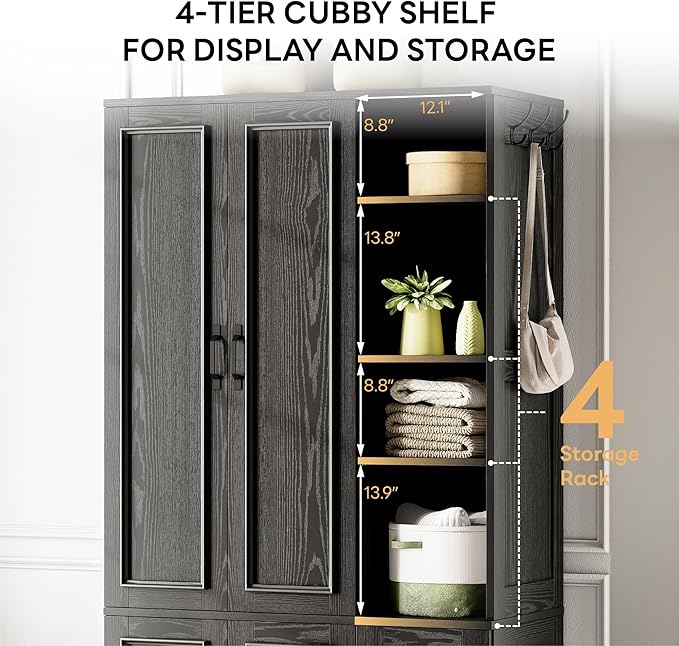LIKIMIO Armoire Wardrobe Closet 70" H, 5 Doors Bedroom Wooden Wardrobe with 4 Storage Shelves and Hanging Rod, Clothing Storage Cabinet Organizer Combination, Black