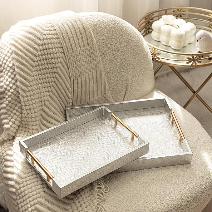 2 Piece Woven Leather Ottoman Tray with Gold Handles, Perfect Rectangular Serving Tray for Living Room, Coffee Table Tray as Thoughtful Gift for Home Decor Enthusiasts (Sliver)