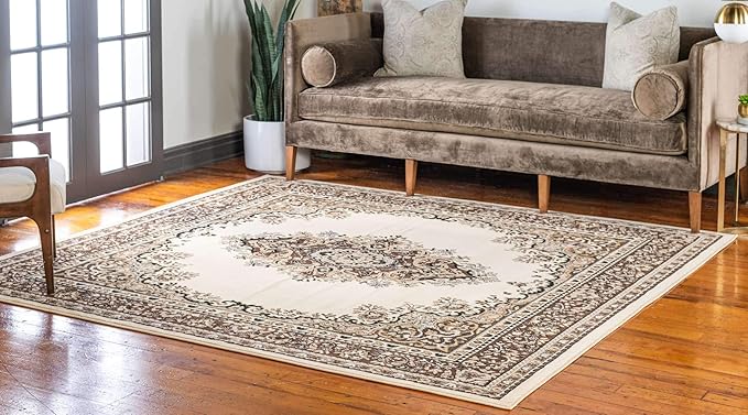 Unique Loom Reza Collection Traditional Persian Style Area Rug, Square 8' 0" x 8' 0", Ivory/Brown