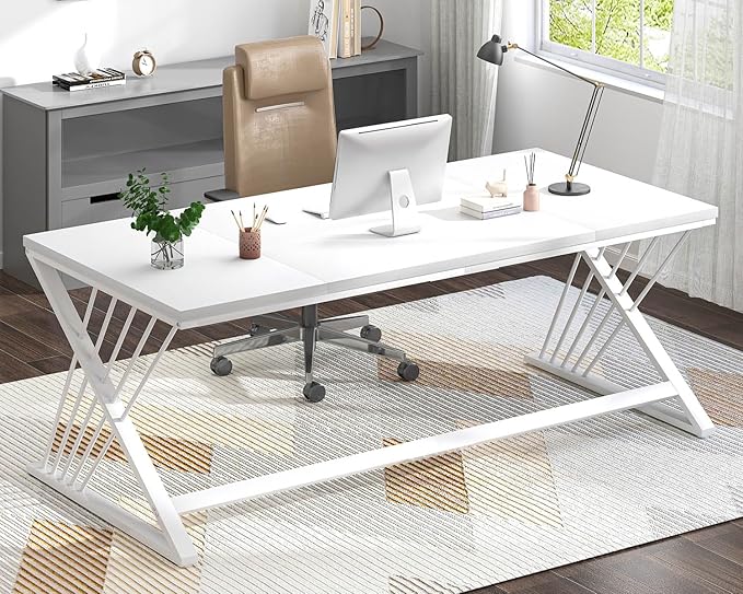 FOLUBAN 70.9" Modern Computer Desk with Z-Shaped Legs, Industrial Executive Home Office Desk for 2 Person, Large Writing Study Table for Bedroom, Gaming Workstation, White