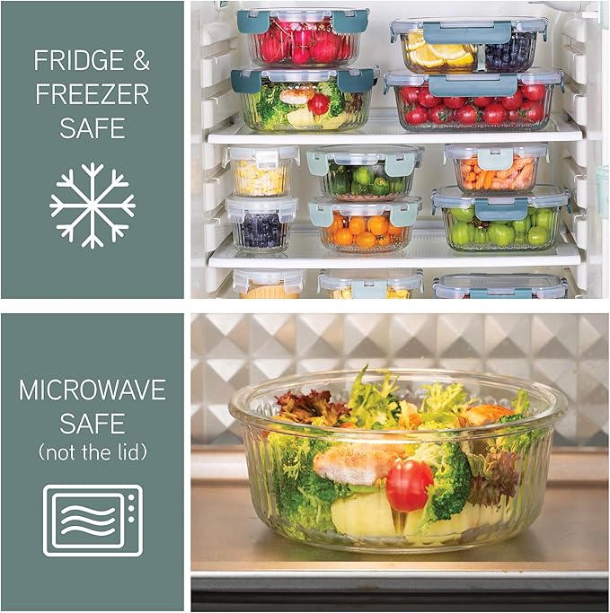 COOK WITH COLOR Premium 32-Pc. Borosilicate Glass Food Container Set with Dividers - 4 Rectangles, 8 Rounds, 4 Squares - Leakproof Lids - Meal Prep, Storage, Fluted Ombre Green