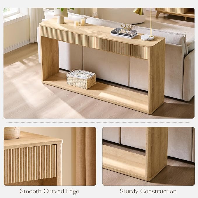 OKD 63" Fluted Console Table for Entryway, Modern Entryway Table with 2 Large Drawers, Long Sofa Table Behind Couch for Living Room, Hallway, Couch, Foyer，Natural Oak