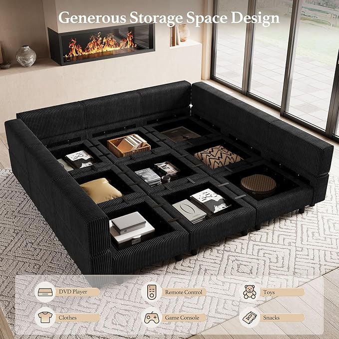 9 Seat Modular Sectional Sofa Sleeper Couch with Deep Storage Seat Corduroy Sectional Sofa Bed for Living Room,Black