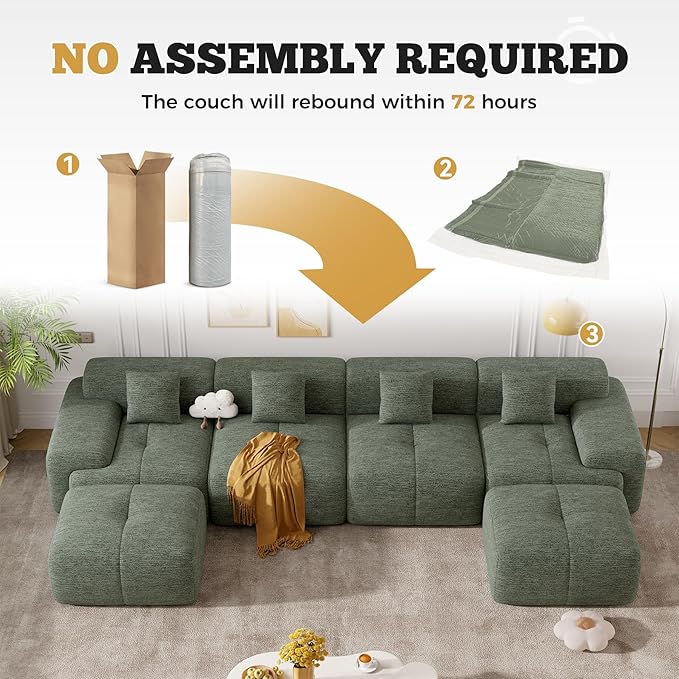 158" Modern U Shaped Modular Sectional Sofa, Boneless Couches for Living Room with Ottoman,6 Seater Convertible Chenille Cloud Couch Sofa Set, No Assembly Required, Green 1 PCS