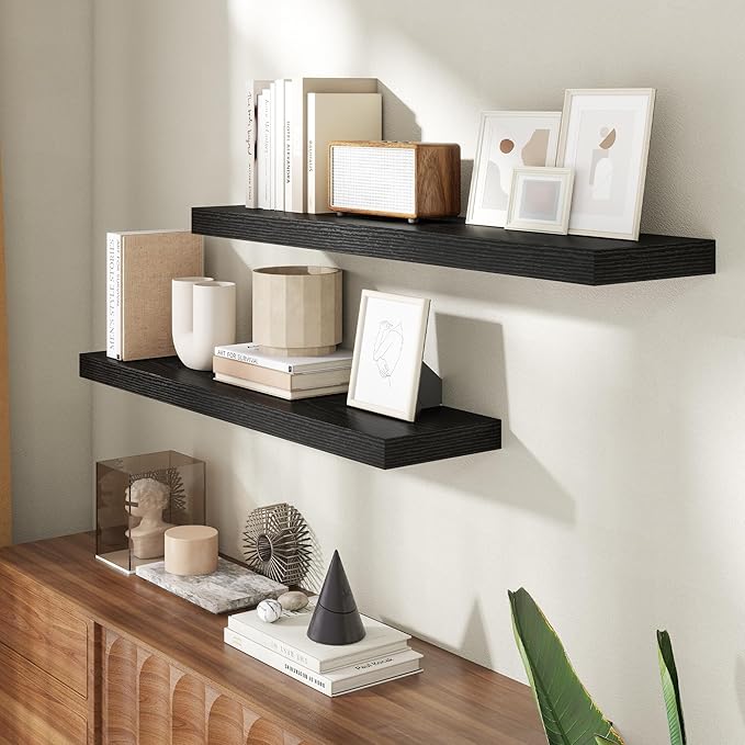 40 Inch Floating Shelves for Wall, 8 Inch Deep Floating Shelf for Storage & Display, Rustic Wall Mounted Shelf with Invisible Brackets for Living Room, Kitchen, Bathroom, Home Decor, Set of 2, Black