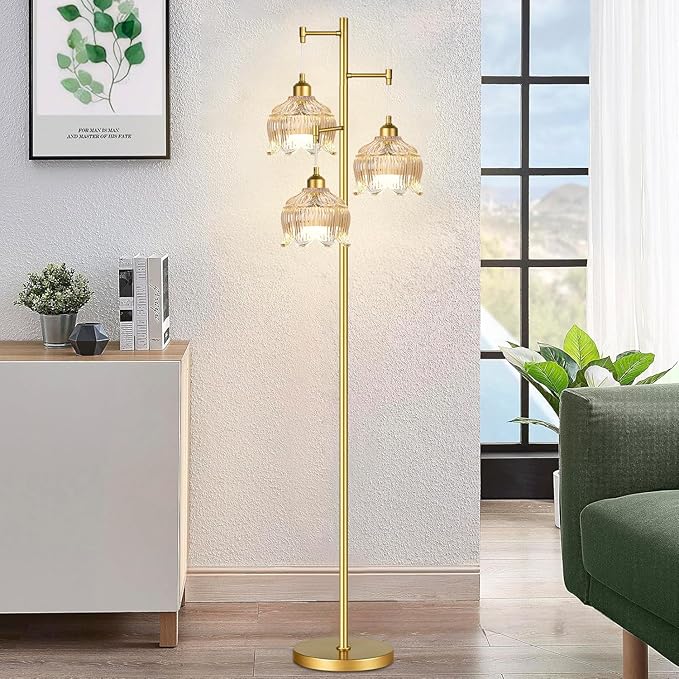 Gold Floor Lamps for Living Room Bedroom-3 Light Glass Floor Lamp with Three Led Bulb,Mid Century Standing Lamp Vintage Brass Tall Lamp Tree Floor Lamp for Bedroom Corner
