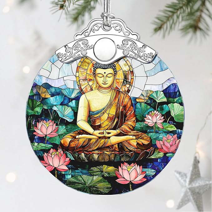 Stained Glass Ornament, Buddha Christmas Ornaments, Christmas Tree Ornaments, Holiday Ornament; Spiritual Decor for Yoga, Wellness Spaces & Relaxation; Gifts for Buddhists & Spiritual Gifts