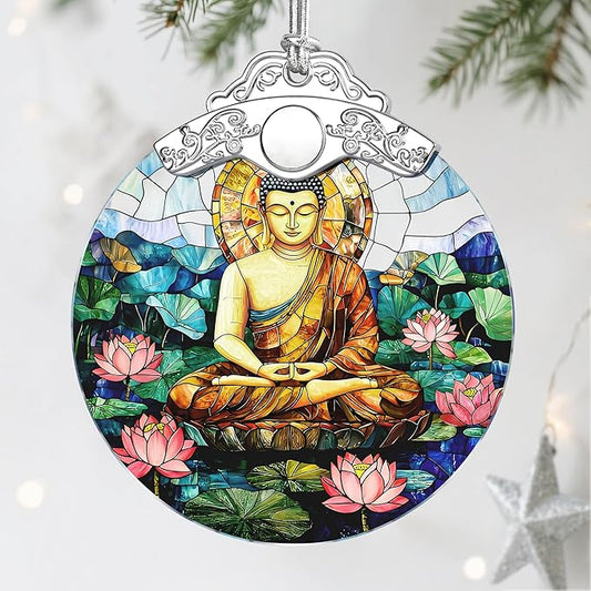 Stained Glass Ornament, Buddha Christmas Ornaments, Christmas Tree Ornaments, Holiday Ornament; Spiritual Decor for Yoga, Wellness Spaces & Relaxation; Gifts for Buddhists & Spiritual Gifts