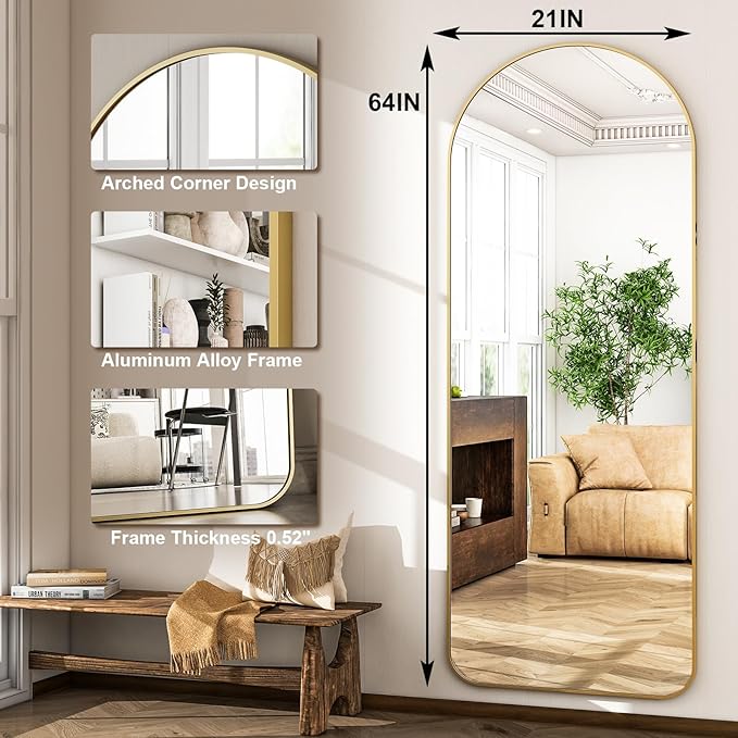 HARRITPURE Arched Full Length Mirror - 64"x21" Large Floor Standing Mirror Aluminum Frame Dressing Mirrors with Stand for Bedroom/Living Room Wall Mounted, Gold