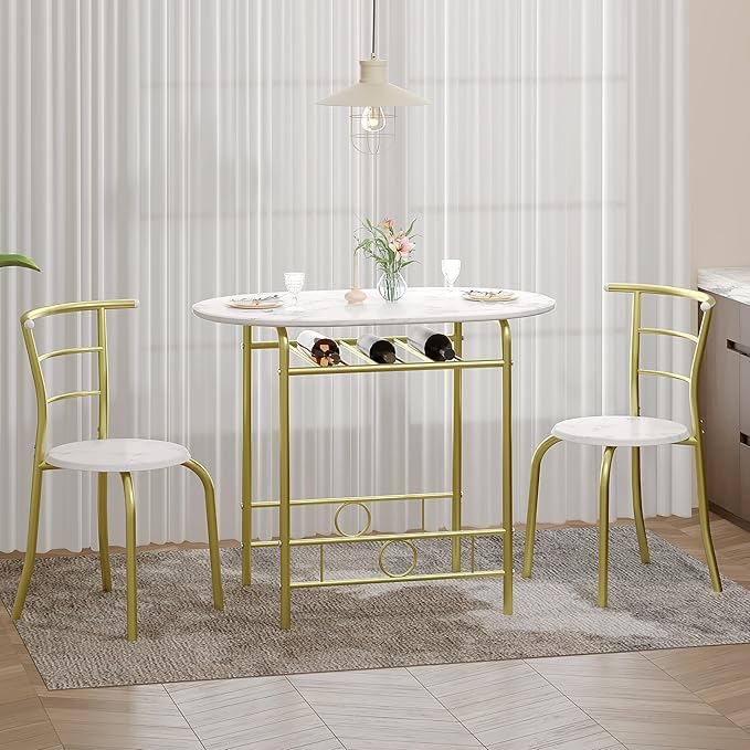 VECELO 3-Piece Dining Table Set for Kitchen Breakfast Nook, Wood Grain Oval Tabletop and Metal Frame with Built-in Wine Rack, for Small Spaces, White & Gold