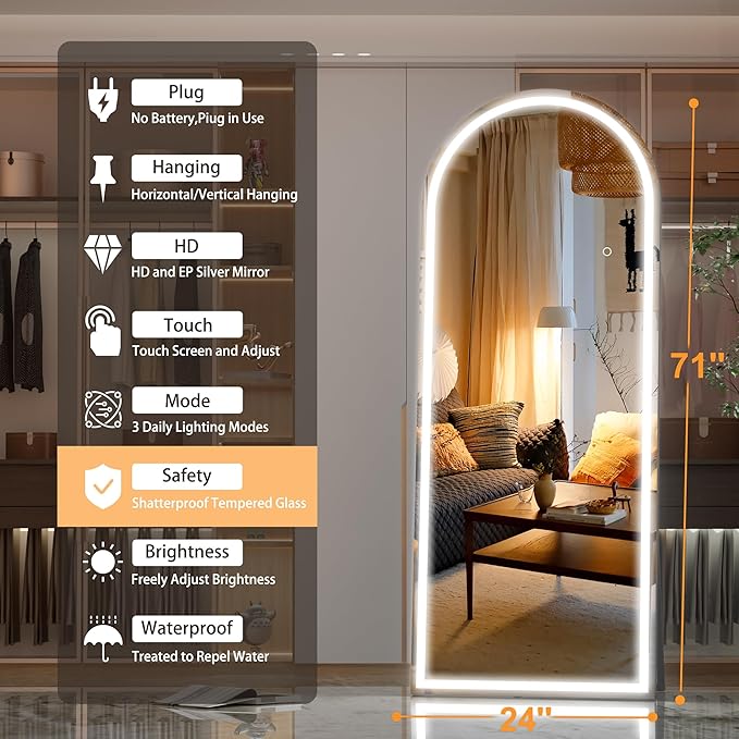 Hasipu 71" x 24" Led Mirror Full Length, Arch Mirror Full Length with Lights, Floor Full Body Glass with Stand,Tempered Glass,Shatter-Proof, Dimming & 3 Color for Bedroom Cloakroom-UL