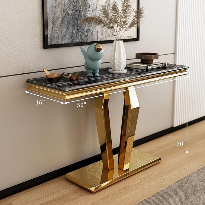 Asday Modern Console Sofa Table for Entryway, Black and Gold Console Table Narrow Long Hallway Tables for Living Room Office
