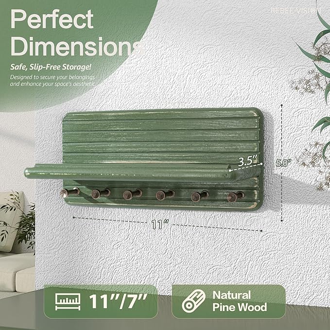 Rebee Vision Pine Wooden Key Holder Wall Mount for Home Decor – Decorative Key Holder for Wall with 6 Hooks & Floating Shelf – Rustic Organizer for Room Decor Aesthetic (Green)