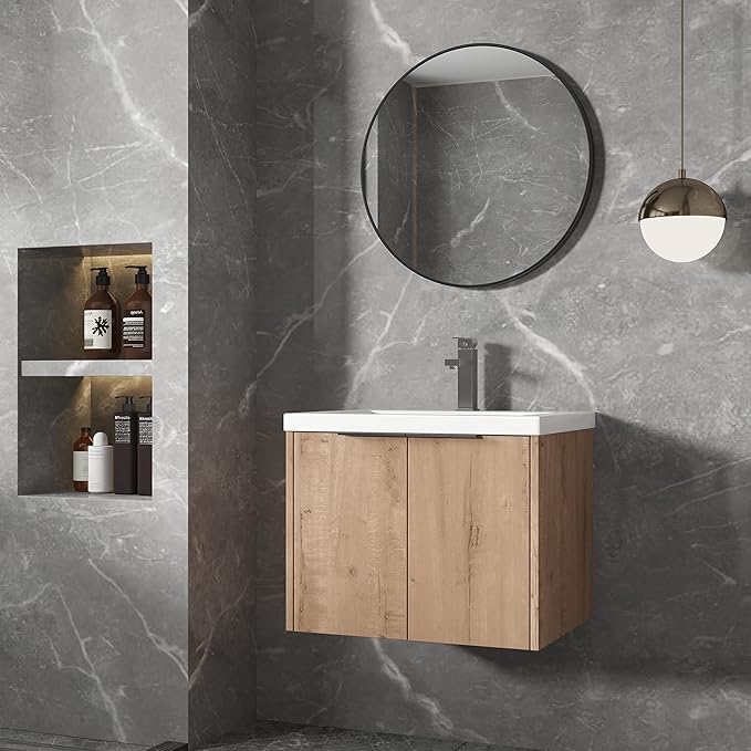Goujxcy 24" Wall Mounted Bathroom Vanity with Sink, Modern Floating Bathroom Cabinet with White Resin Wash Basin & Storage Cabinet, Soft-Close Door Plywood Hanging Bath Room Cabinet (Imitative Oak)