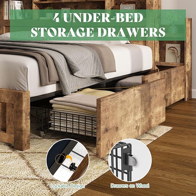 AMERLIFE Full Bed Frame with 4 Storage Drawer, LED Bed Frame with 49.6" Tall Bookcase Headboard, Wood Platform Bed with Charging Station & 2 Slide Bedside Shelf, No Box Spring Needed/Rustic Brown