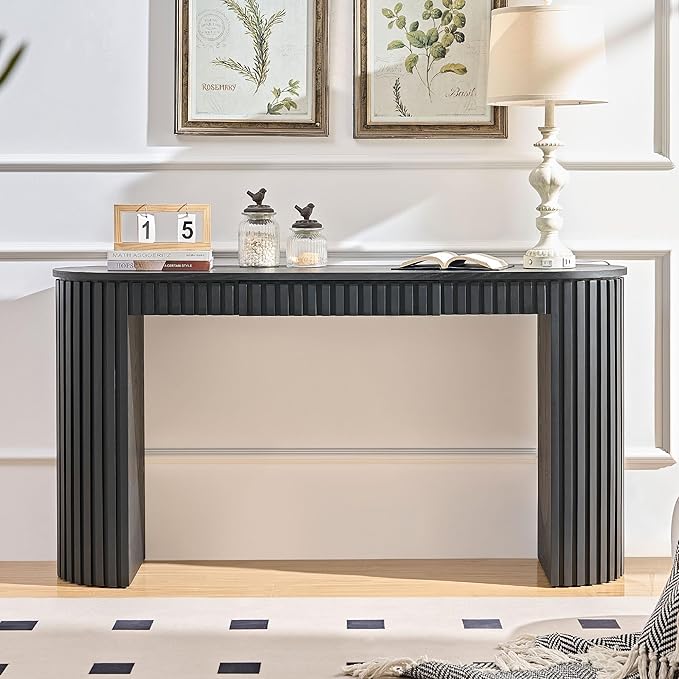 Modern Console Table for Entryway Contemporary Black Console Entry Tables with Drawer Fluted Sofa Tables Oval Long Foyer Table with Storage for Entry Way Hallway Entrance 59.05'' Wood