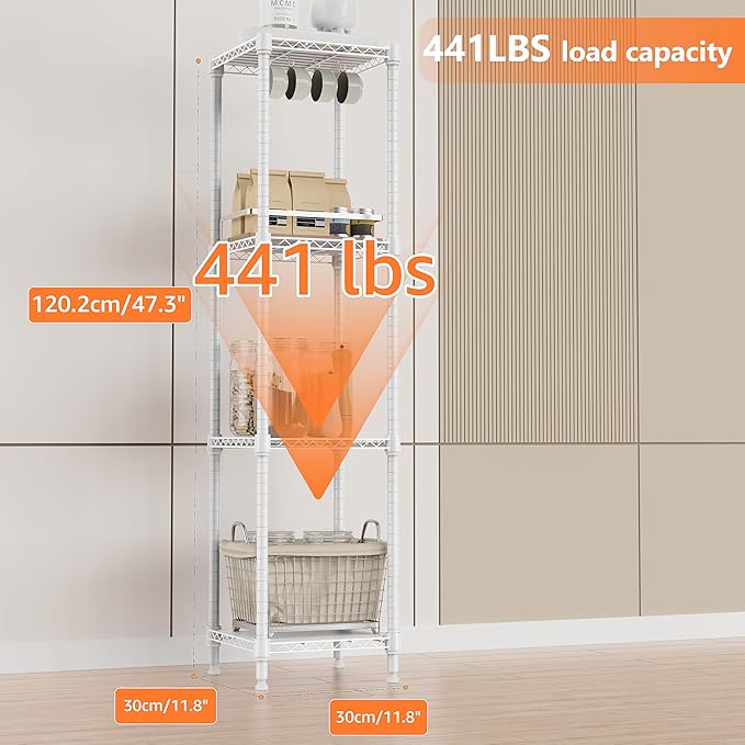 IZEUK 4 Tier Steel Storage Shelves, Adjustable Wire Shelving Unit for Kitchen, Bathroom, or Office Organization, Heavy Duty Metal Rack, 480 lbs Capacity, 11.8" D x 11.8" W x 47.3" H, White