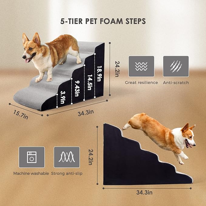 24.4 Inches Dog Stairs&Steps for High Beds Up to 24-28" High, Pet Steps for Small Dogs/Cats, Older Pets, Non-Slip 30D High Density Foam Dog Ramp Assembled