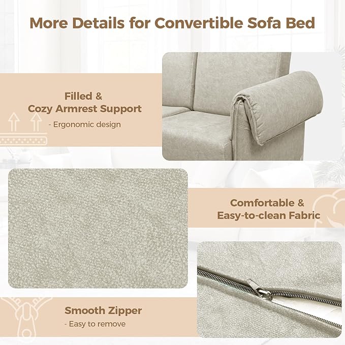 FHFO Loveseat Sleeper Sofa, Convertible Couch Bed Loveset Small Couchs for Small Spaces, 3 in 1 Pull Out Sofa Bed Modern 65" Comfy Futon Sofa Bed Queen for Living Room, Bedroom, Apartment (Beige)