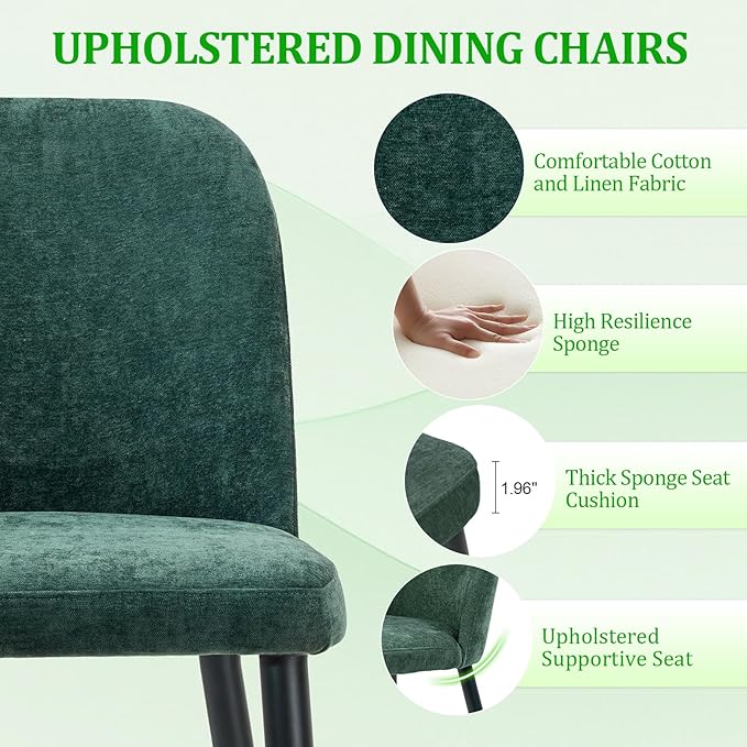 Upholstered Dining Chairs Set of 6, Mid Century Modern Fabric Dining Room Chair High-Back Padded Kitchen Chairs with Padded Seat and Metal Legs for Kitchen Dining Room Restaurant Cafe, Green