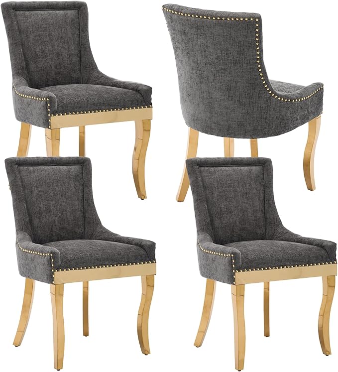 Luxury Fabirc Upholstered Dining Chairs Set of 4,Neutral Chenille Kitchen Room Chair with Nailhead Trim,4 Piece Modern Side Chairs for Dining Room,Living Room,Bar (Grey-Gold, Set of 4)