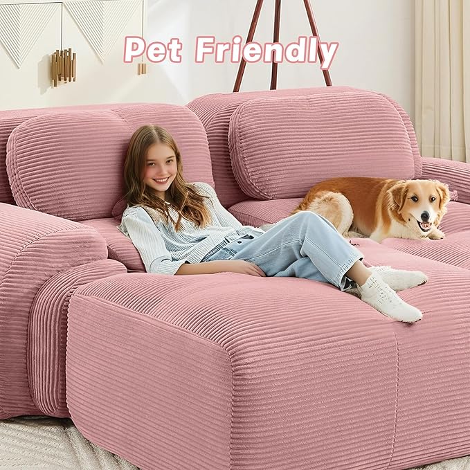 80" Modern Corduroy Boneless Love Seat Couches, 2 Seater Large Sectional Couches for Living Room, Pink Cloud Modular Sectional Sofa, Memory Foam, Extra Deep Loveseat, No Assembly