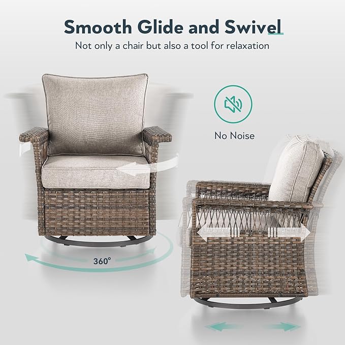 Outdoor Swivel Glider Chairs - 4 Pieces Hollow Widen Armrests Wicker Patio Furniture Set with Ottomans, High Back Outside Swivel Rocker for Balcony Porch Deck and Yard - Brown/Beige