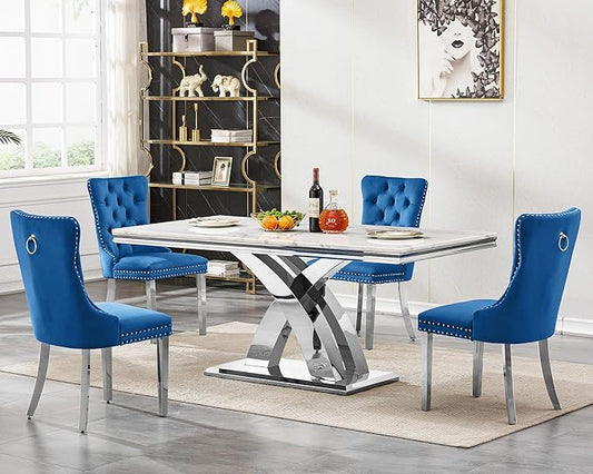Modern White Marble Dining Table Set for 4,5-Piece Kitchen Table and Chairs for 4,Luxury Silver Dining Room Table Set w/68" Rectangle Dinner Table & 4 Blue Velvet Chairs for Kitchen Dining Room