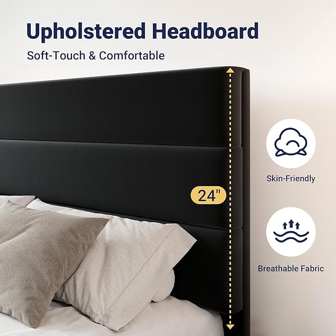 Allewie Modern Queen Size Platform Bed Frame with 4 Storage Drawers and Velvet Upholstered Headboard, Wooden Slats Support, Upholstered Mattress Foundation/No Box Spring Needed/Easy Assembly, Black