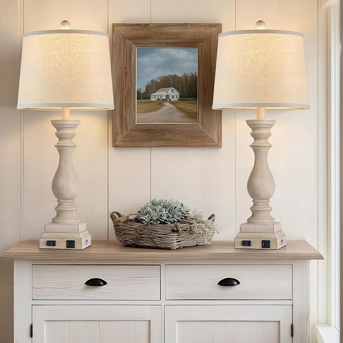 28" Farmhouse Table Lamps Set of 2 with USB C+A Ports and AC Outlet, 3 Way Touch Tall Vintage Bedside Lamp for Living Room, Beige Rustic Nightstand Lamp for Bedroom Office