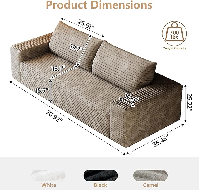 Cloud Loveseat Sofa, Modern Corduroy 2-Seater Couch with Deep Seat, No Assembly Required Memory Foam Sofa, Boneless Sofa in a Box for Bedroom, Apartment, Office,Small Space (Camel,70.8in)