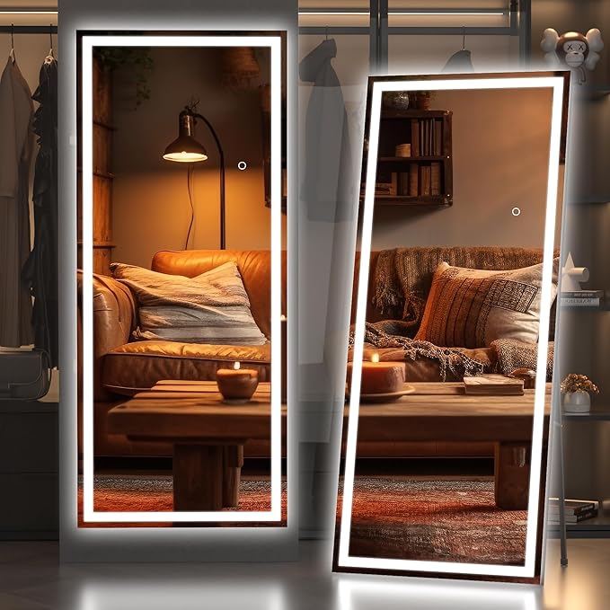 Hasipu Full Length Mirror with Lights, 67" x 24" LED Lighted Floor Standing, Full Body Dressing Hanging Mounted Mirror, Dimmable, Tempered Glass, Safe to Use, Square Black