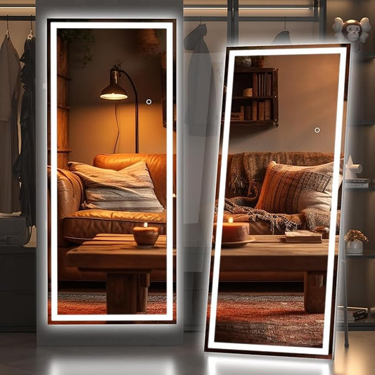 Hasipu Full Length Mirror with Lights, 67" x 24" LED Lighted Floor Standing, Full Body Dressing Hanging Mounted Mirror, Dimmable, Tempered Glass, Safe to Use, Square Black