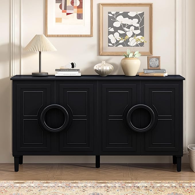 Modern Retro Sideboard Storage Cabinet with 4 Doors and Round Ring Handle, Wood 59'' Accent Entryway Console Table for Living Rooms Entrance Dining Room (Black-FI)