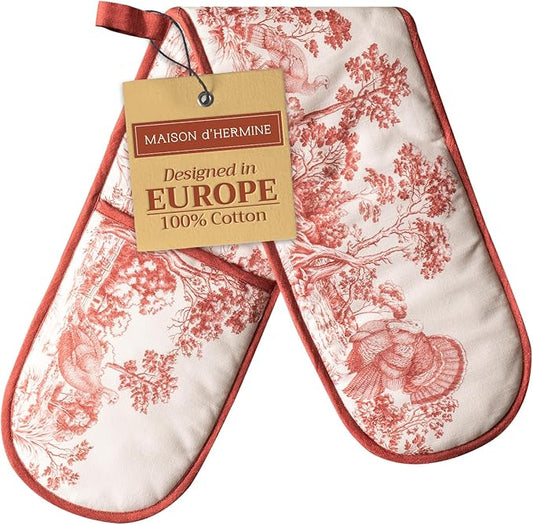 Maison d' Hermine Double Oven Mitt (7" x 35") 100% Cotton Heat Resistant BBQ Cooking Gloves with Loop for Thanksgiving Christmas Decorations Baking Cooking Barbeque Handling Hot Pan (Holy Jouy - Red)