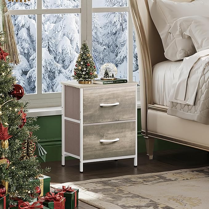 WLIVE Nightstand, 2 Drawer Dresser for Bedroom, Small Dresser with 2 Drawers, Bedside Furniture, Night Stand, End Table with Fabric Bins for Bedroom, Closet, College Dorm, Greige Oak