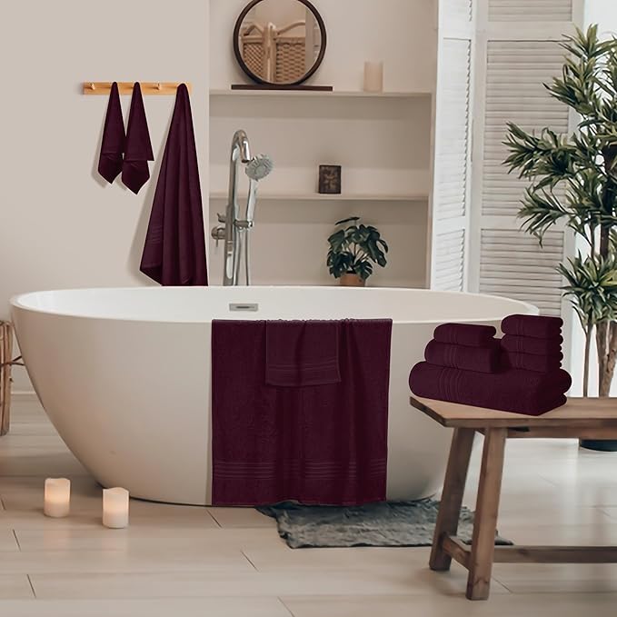BOUTIQUO 100% Cotton Towel Set, Contains 4 Soft Bath Towel, 6 Hand Towels, 8 Wash Cloths - Compact Absorbent Lightweight & Quickdry Towels for Bathroom - 18 Piece Bathroom Towel Set - Burgundy
