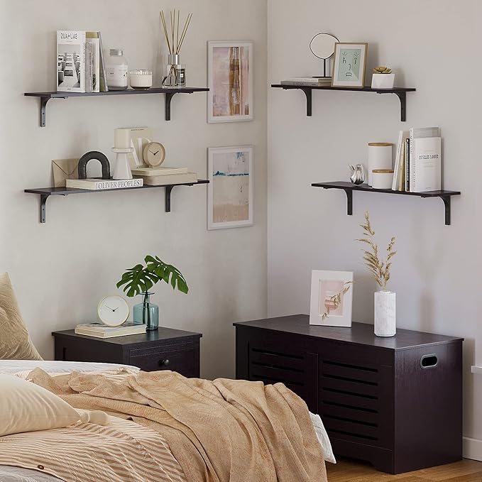 DINZI LVJ Long Wall Shelves, 31.5 Inch Wall Mounted Shelves Set of 2, Easy-to-Install, Floating Storage Ledges with Sturdy Metal Brackets for Living Room, Bathroom, Bedroom, Kitchen, Espresso